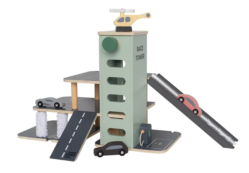 Drvena parking garaža i autopraona + 3 auta i helikopter