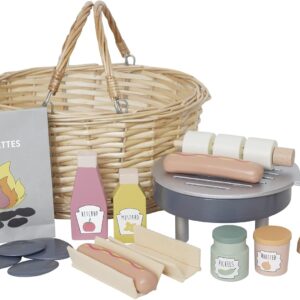 a picnic basket and food items