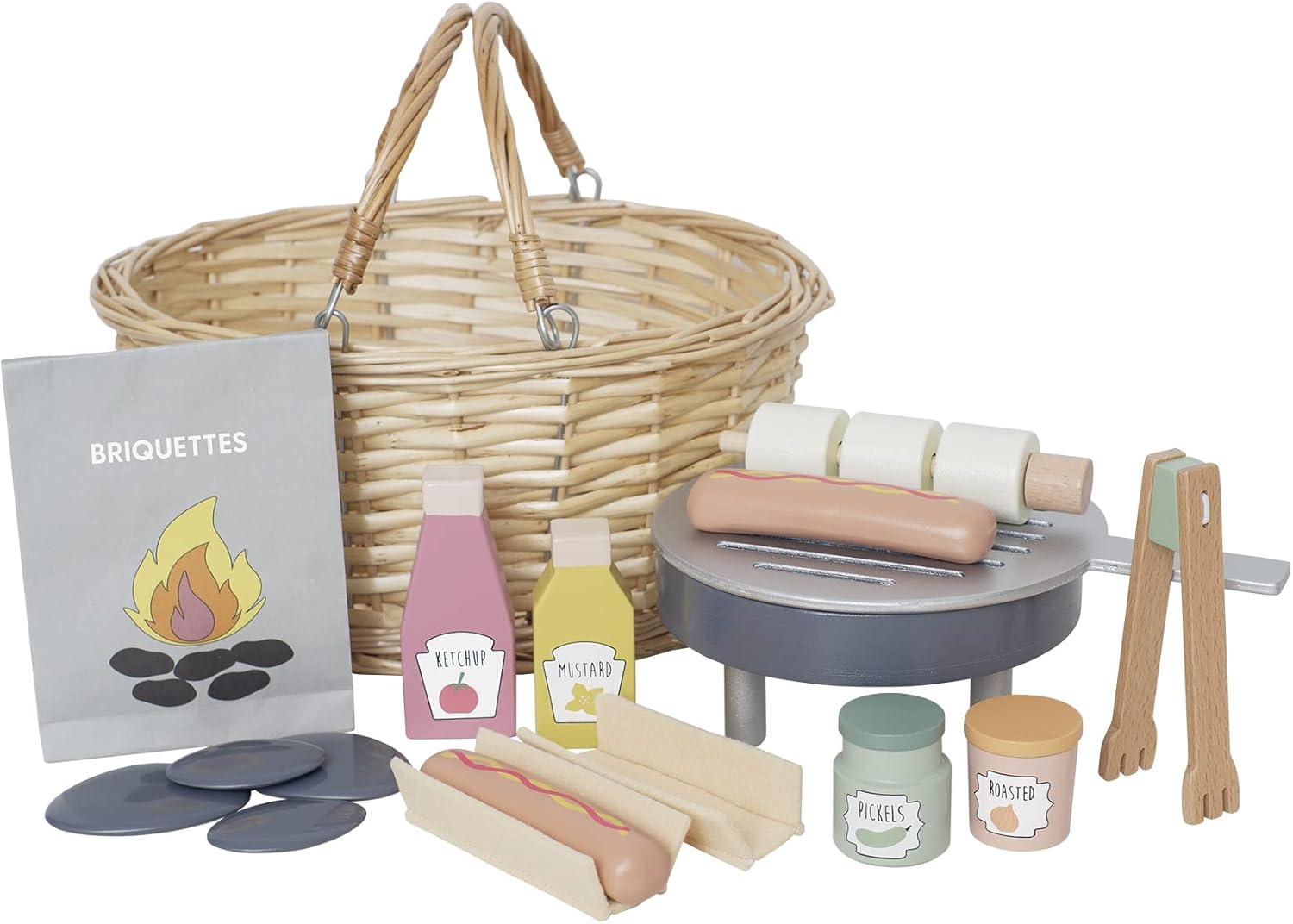 a picnic basket and food items
